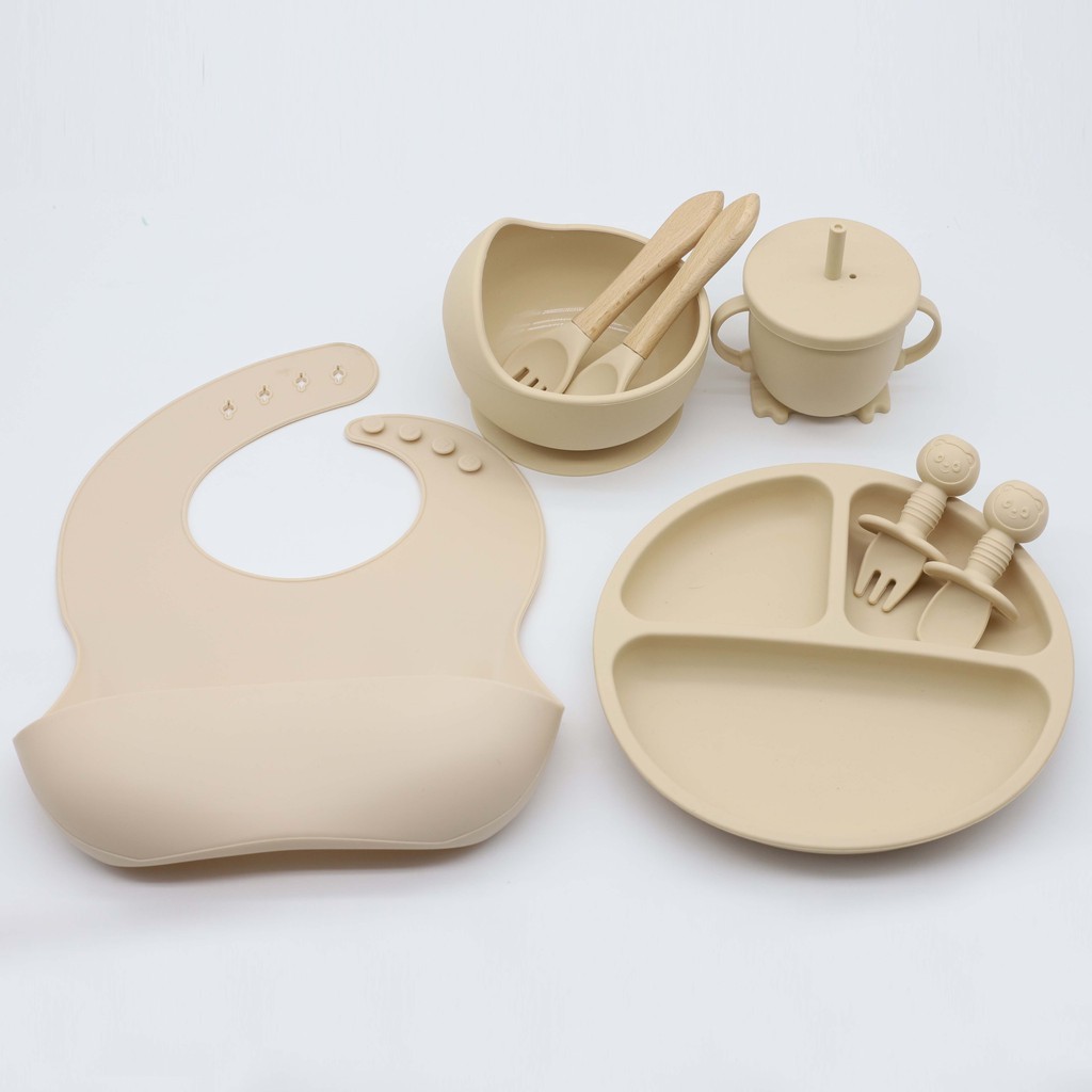 8 Pcs Baby Silicone Tableware Kids Utensil Bib Straw Cup Bowl Suction Plate Feeding Essential Set