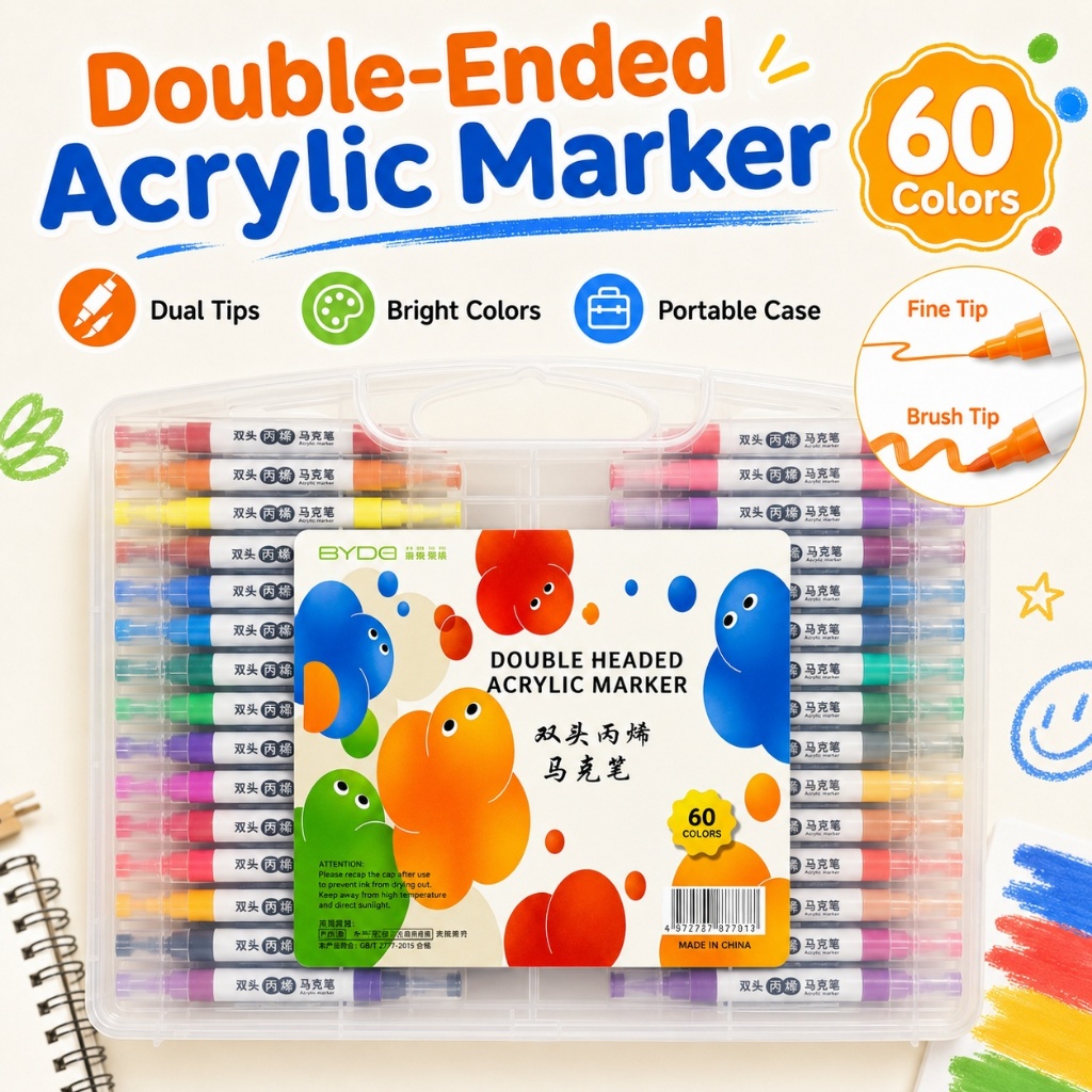 60 Colors Double-headed Acrylic Markers Colored Pen Set Color Highlighter Marker Pens Coloring Supplies