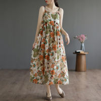 FASHLOVER Summer loose floral suspender dress women retro vacation mid-length dress