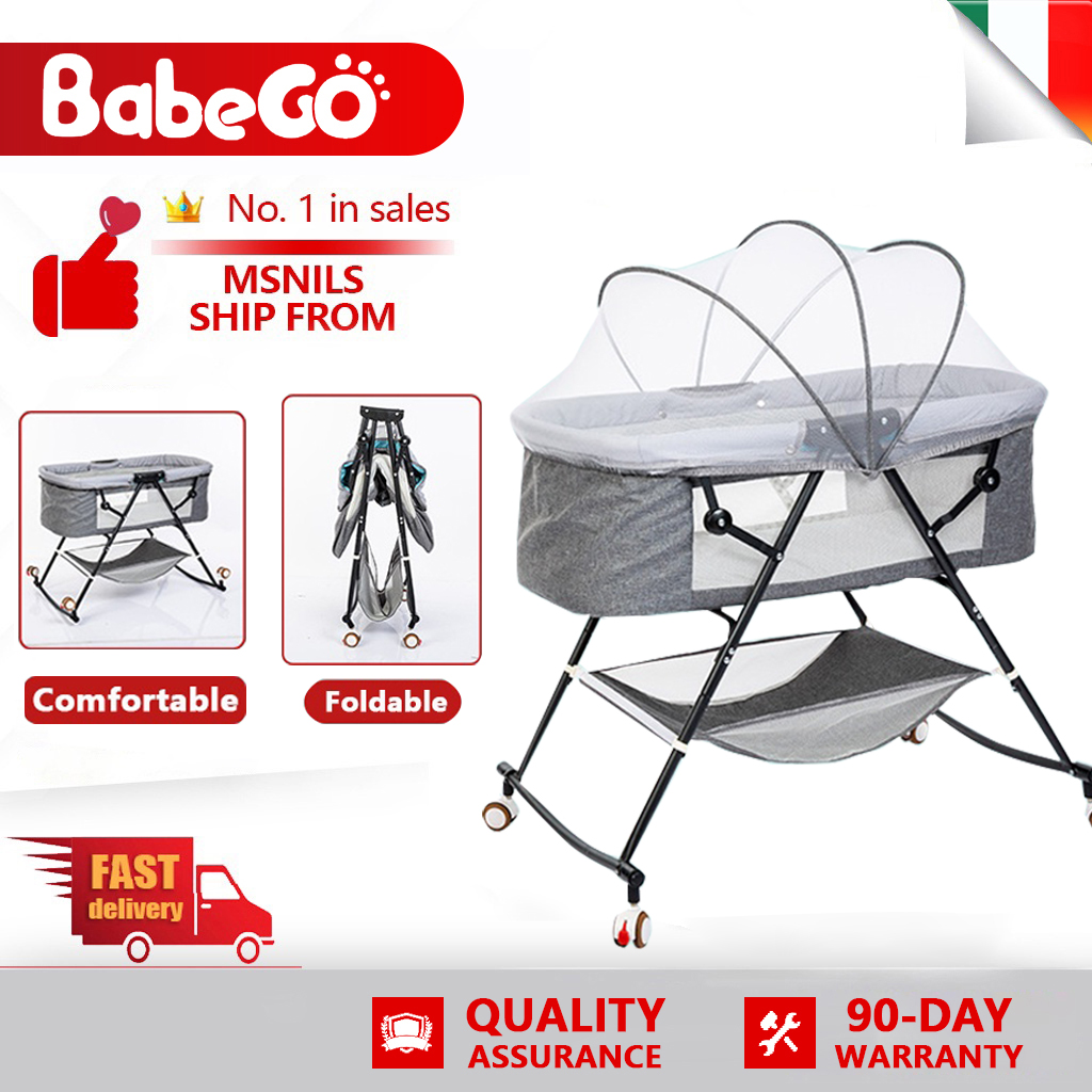 BABEGO high quality 2 in 1 Rocker Crib Portable Baby Bed Cradle Bassinet Portable Baby Crib Co Sleeper Baby Rocker Bassinet Crib with Wheels and Mosquito Net Baby Bedside Crib