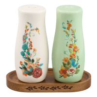 Pioneer Woman Painted Meadow Floral Salt & Pepper Shakers + Acacia Wood Tray Set