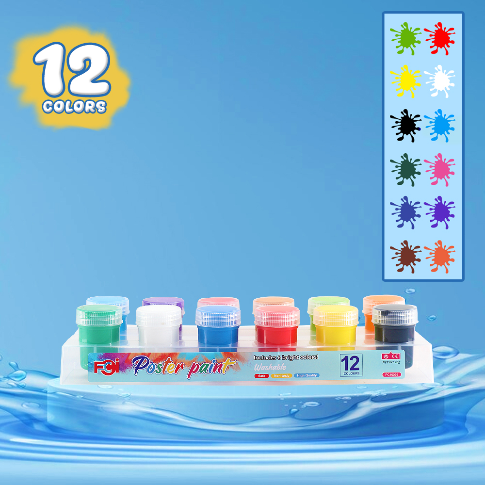 FCI Washable Poster Paint Set 6 Colors and 12 Colors by 20g Bright vibrant colors Smooth creamy consistency Easy to blend Ideal for school projects posters crafts and art activities