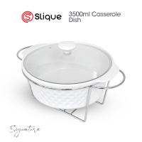 SLIQUE Premium Round Ceramic Casserole Serving Dish with Tempered Glass Lid  Metal Stand & Food Warmer 1.4L/2.3L