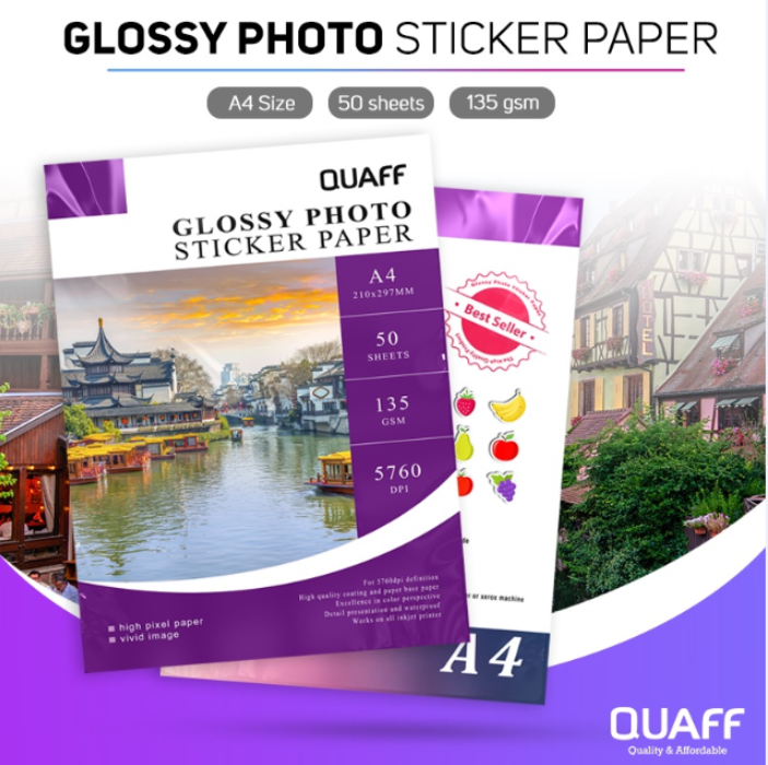 QUAFF Glossy Photo Sticker A4 Size Inkjet Paper Sticker 90gsm & 135gsm