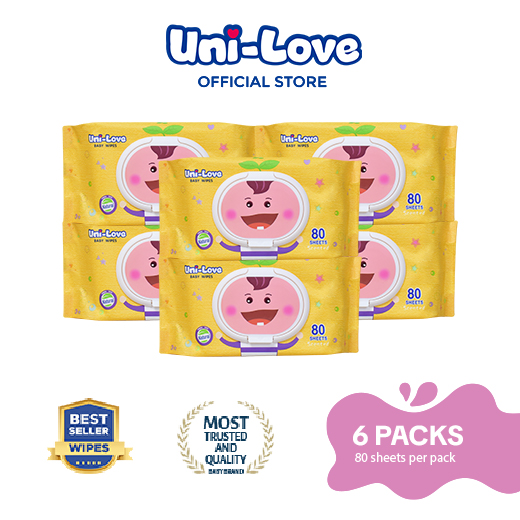 UniLove Powder Scent Baby Wipes 80s Pack of 6 - 99% Water| Hypoallergenic | Alcohol Free | No harmful chemicals | with Aloe Vera | Safe & Gentle | FDA Approved