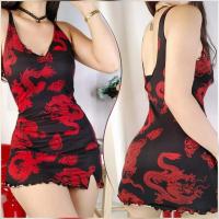 ClothingHub Red SCOOPBACK Dragon Dress Women Lettuce Bodycon clothing dress with Dragon Style dress