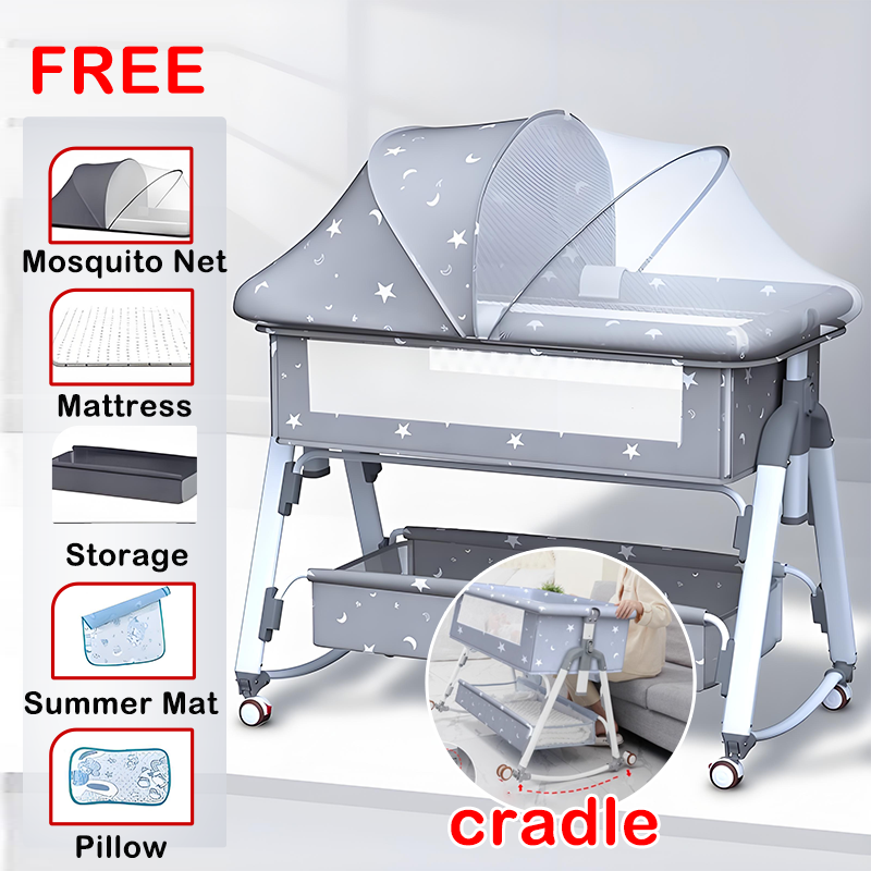 Baby Crib 3-in-1 Foldable Portable (0-24M/20KG Max) - Kuna with Mosquito Net Storage | Adjustable Height Breathable Mesh Anti-Roll | Baby Bed Set