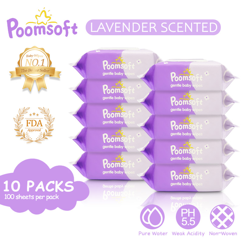 Poomsoft 10 Packs x 100 Sheet Baby Wipes Lavender Scent Gentle Alcohol-Free Wet Tissue Wipes 14cmx18cm Large Wipe