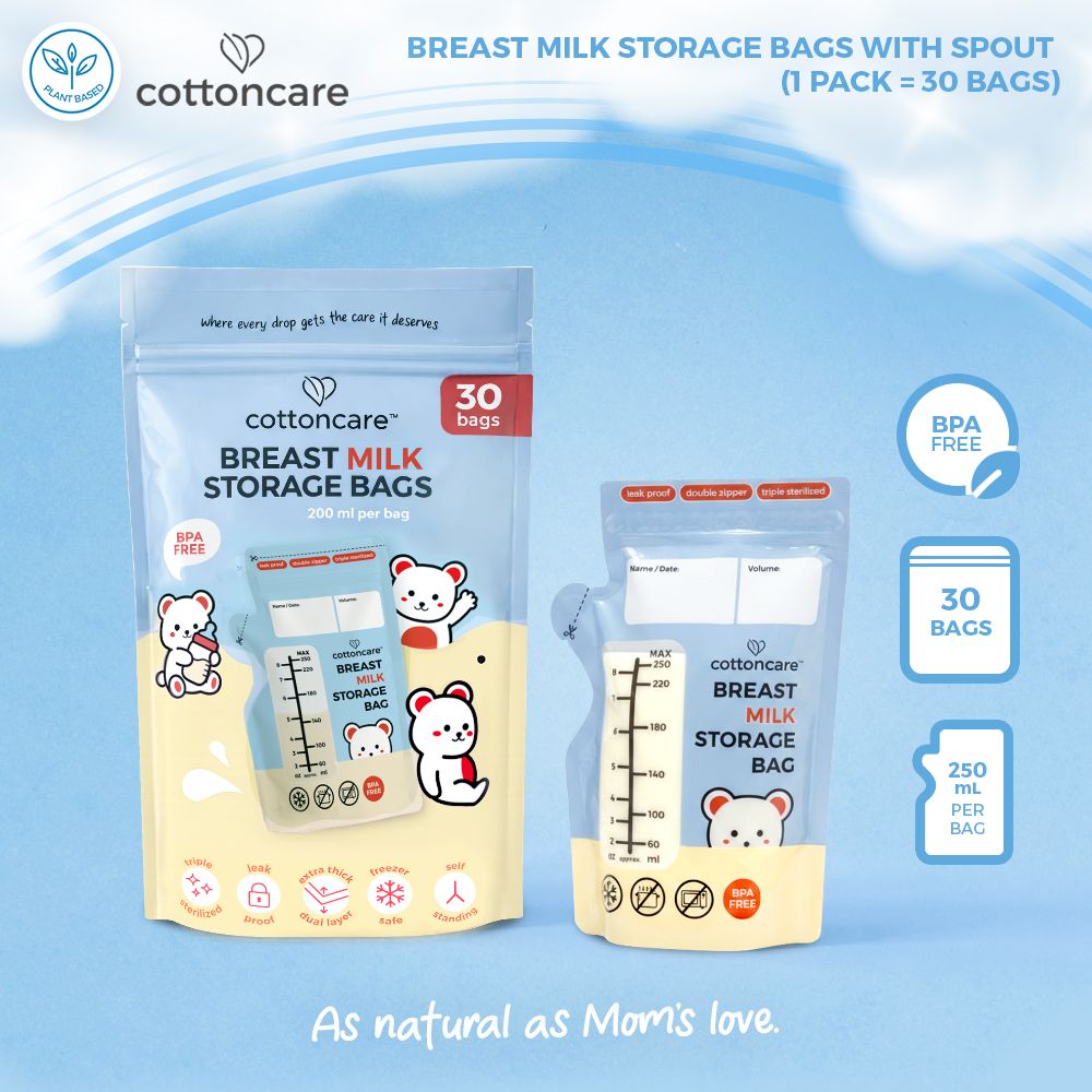 Cottoncare™ (250ml) Spout Breastmilk Storage Bags BPA Free Leak Proof Double Zip Self-Standing
