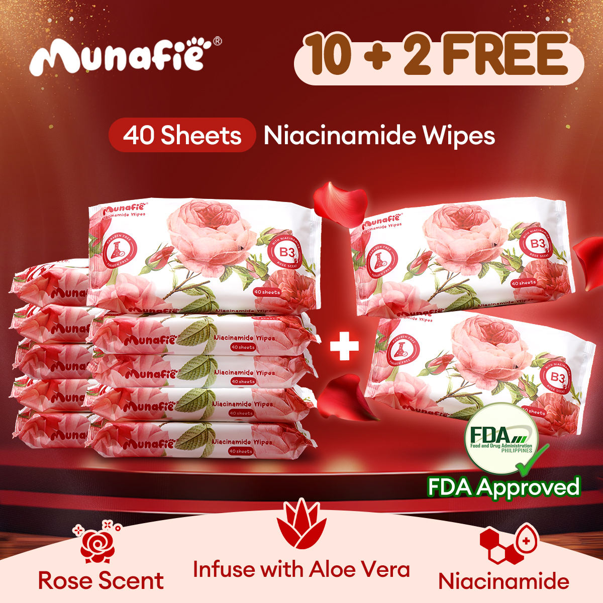 Munafie Niacinamide Wipes Rose Scented 40 Sheets Per Pack FDA Approved – Enriched with Niacinamide Aloe Vera and Centella Asiatica for Gentle Cleansing and Hydration