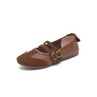 YOTO Korean Double Buckle Strap Mary Jane Flats Women Spliced Suede Leather Soft Balletcore Campus Casual Flat Shoes