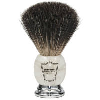 PARKER IVORY MARBLED HANDLE BLACK BADGER SHAVING BRUSH AND STAND
