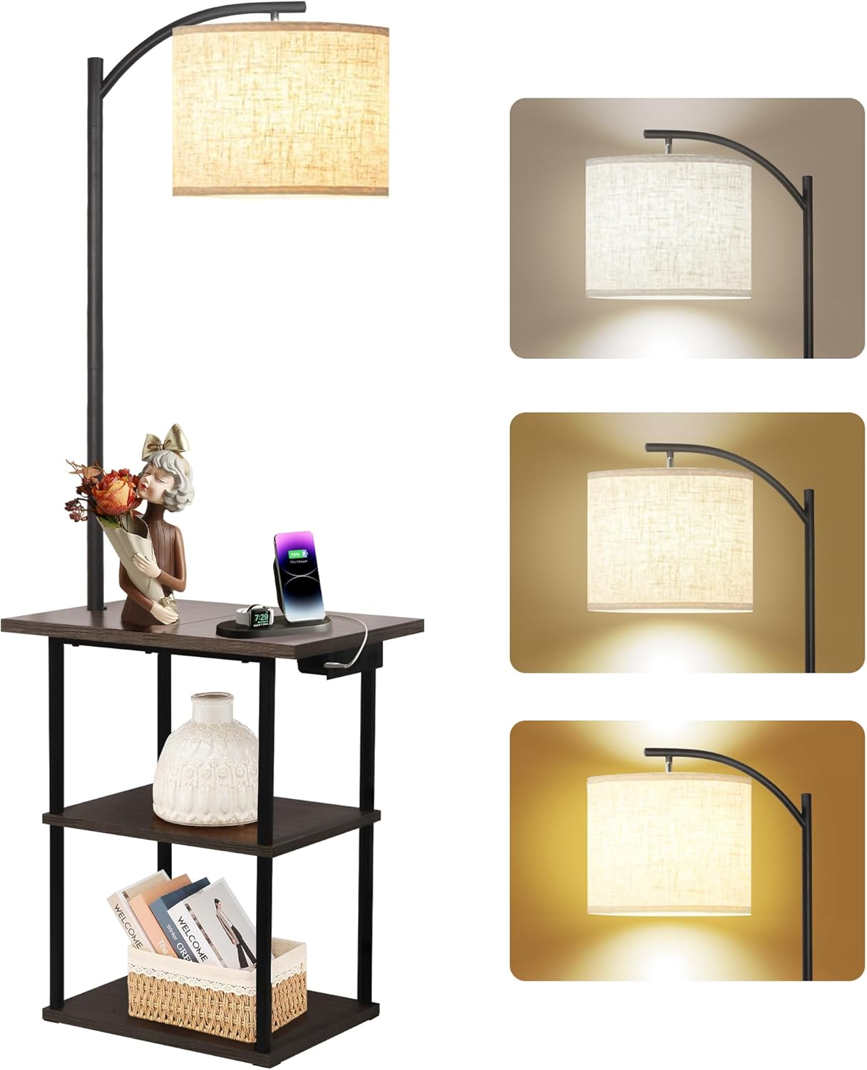 Floor Lamp with Shelves Modern Standing Shelf Lamp with 3 CCT LED Bulb and White Shade