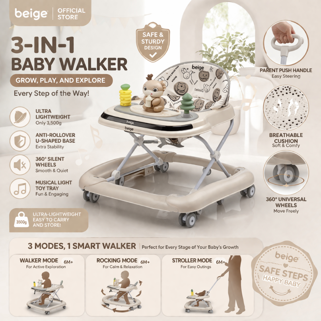 Beige Walker for Baby Girl Boy 3 in 1 Baby Walker Rocking Horse Push Walker Anti Rollover Indoor