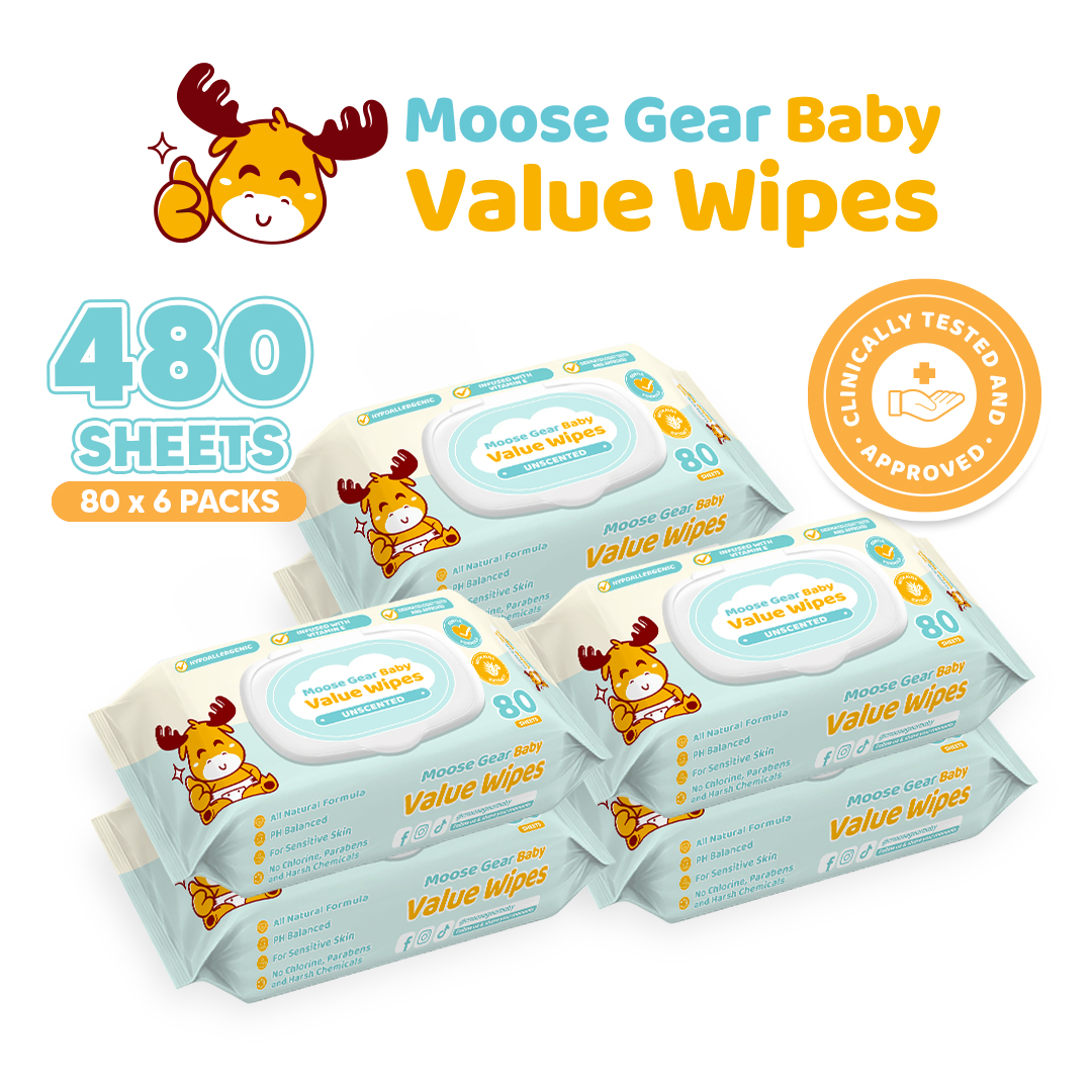 Moose Gear Baby Value Wipes Unscented 480s (6PACKS) Hypoallergenic w/ Vitamin E & Aloe Extract