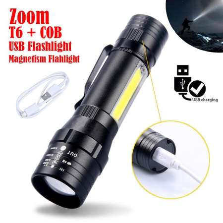 Tkk Ultra Bright Tactical T6+COB 4-Modes Usb Rechargeable Led 18650 Battery Flashlight Torch Bright C702