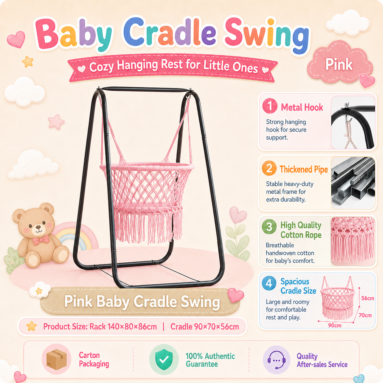 PlayPark Baby Duyan Swing with Steel Frame Portable Baby Hammock Cradle Metal Stand Indoor Outdoor Infant Swing for 0-3 Years