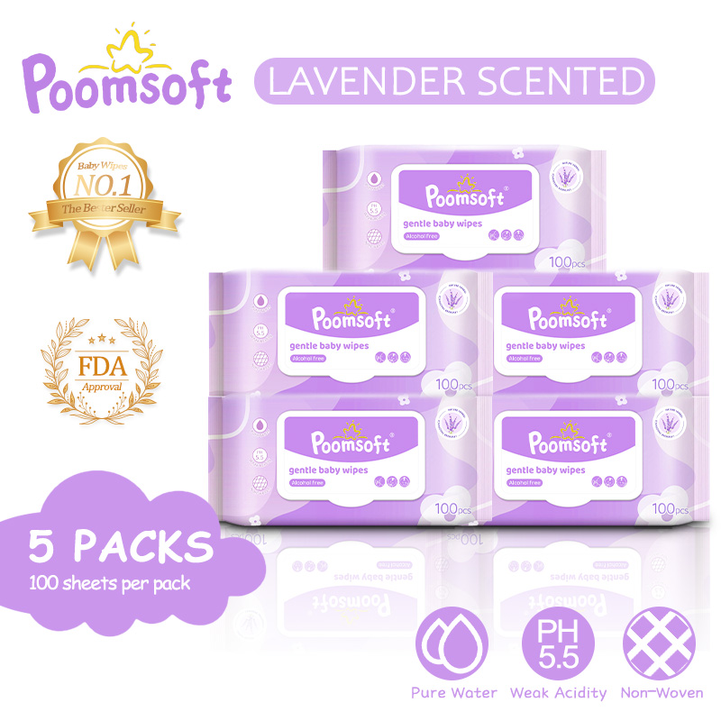 Poomsoft 5 Packs x 100 Sheet Purple Lavender Scented Alcohol-Free Baby Wipes Wet Tissue Disposable Cotton Gentle Wipes