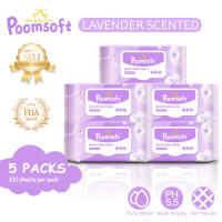Poomsoft 5 Packs x 100 Sheet Purple Lavender Scented Alcohol-Free Baby Wipes Wet Tissue Disposable Cotton Gentle Wipes