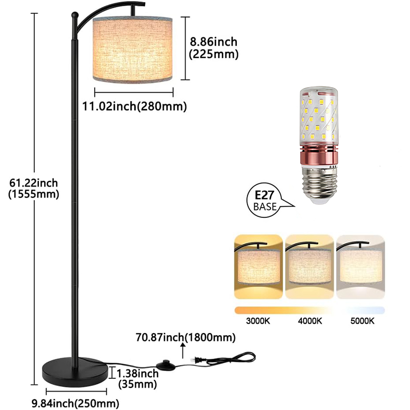Floor Lamp for Living Room with 3 Color Temperatures LED Bulb Standing Lamp Tall Industrial Floor Lamp Reading for Bedroom Office (9W LED Bulb Beige Lampshade Included) -Black