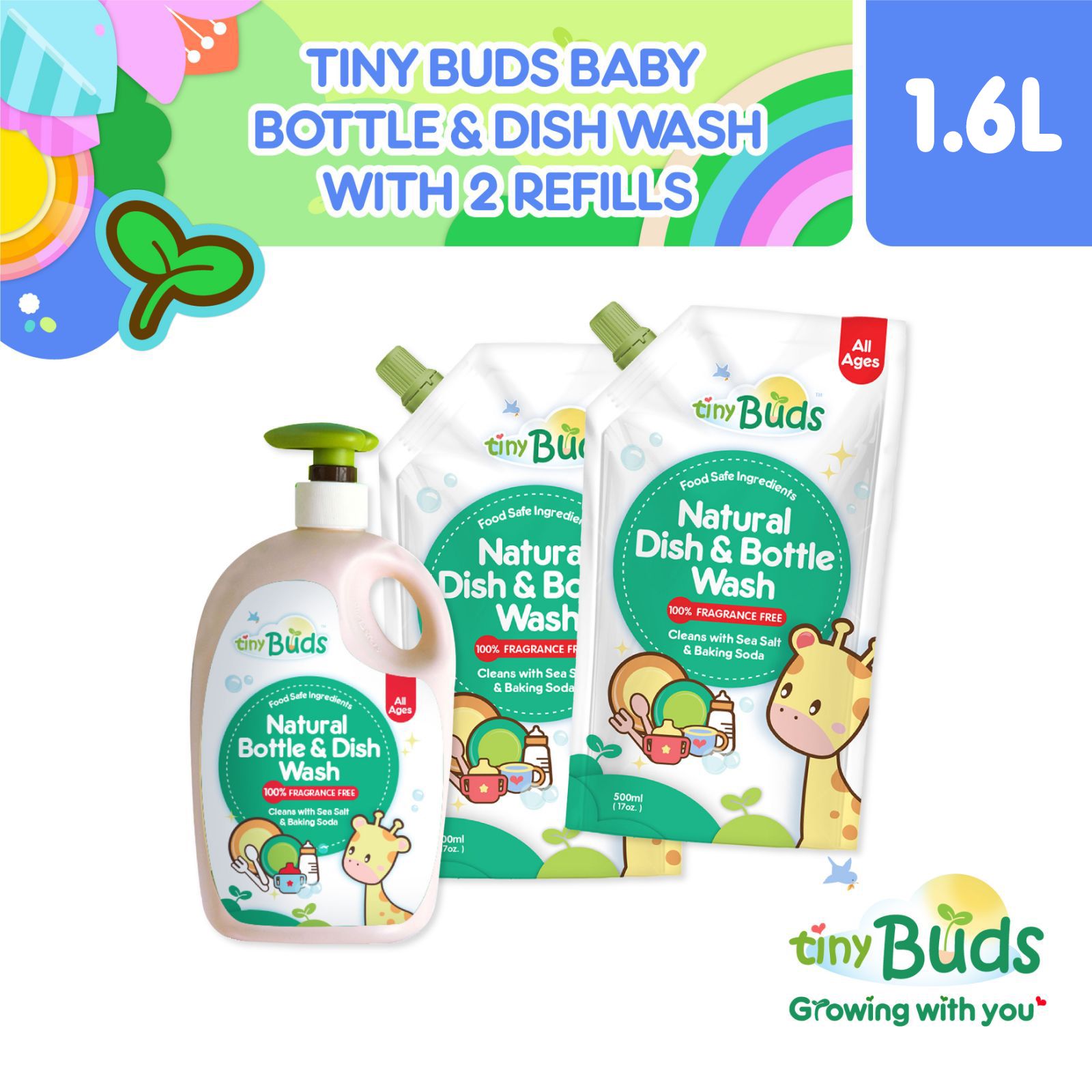 Tiny Buds Baby Dish and Bottle Wash with 2x 500ml REFILLS