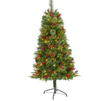 (7ft-8ft) Christmas Tree w/ red Berries Canadian and Snowy Design Metal frame Flowering tree Artificial Tree for Decor