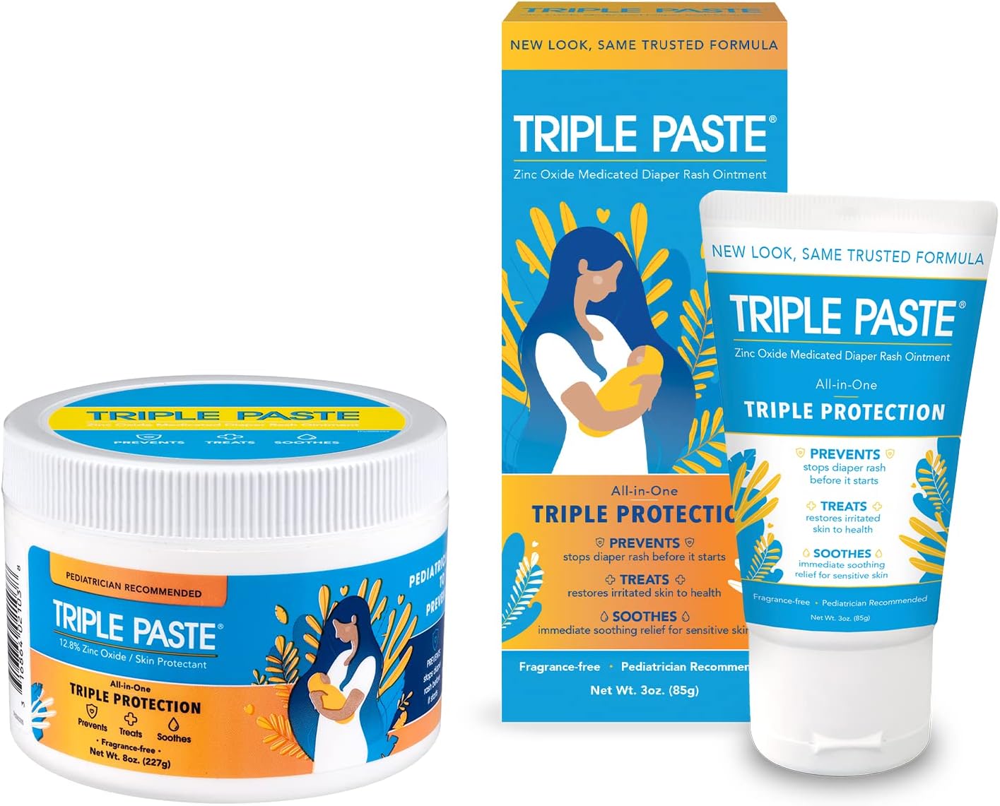 Triple Paste Diaper Rash Cream for Baby - 8 Oz Tub & 3 Oz Tube At Home & On the Go Bundle - Zinc Oxide Ointment Treats Soothes and Prevents Diaper Rash