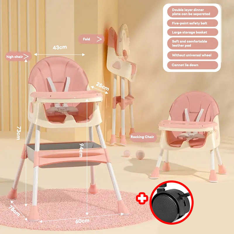3 in 1 Foldable Baby High Chair with Tray -Adjustable Feeding Chair Wheels & Plate for Toddlers 6-36 Months