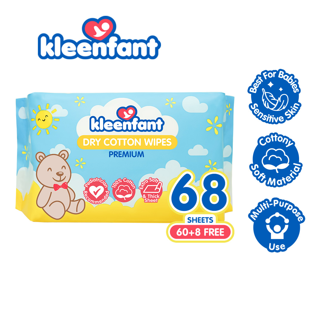 Kleenfant Premium Dry Cotton Wipes 100% Plant Fiber Fragrance Free Extra Soft & Thick 68 Sheets