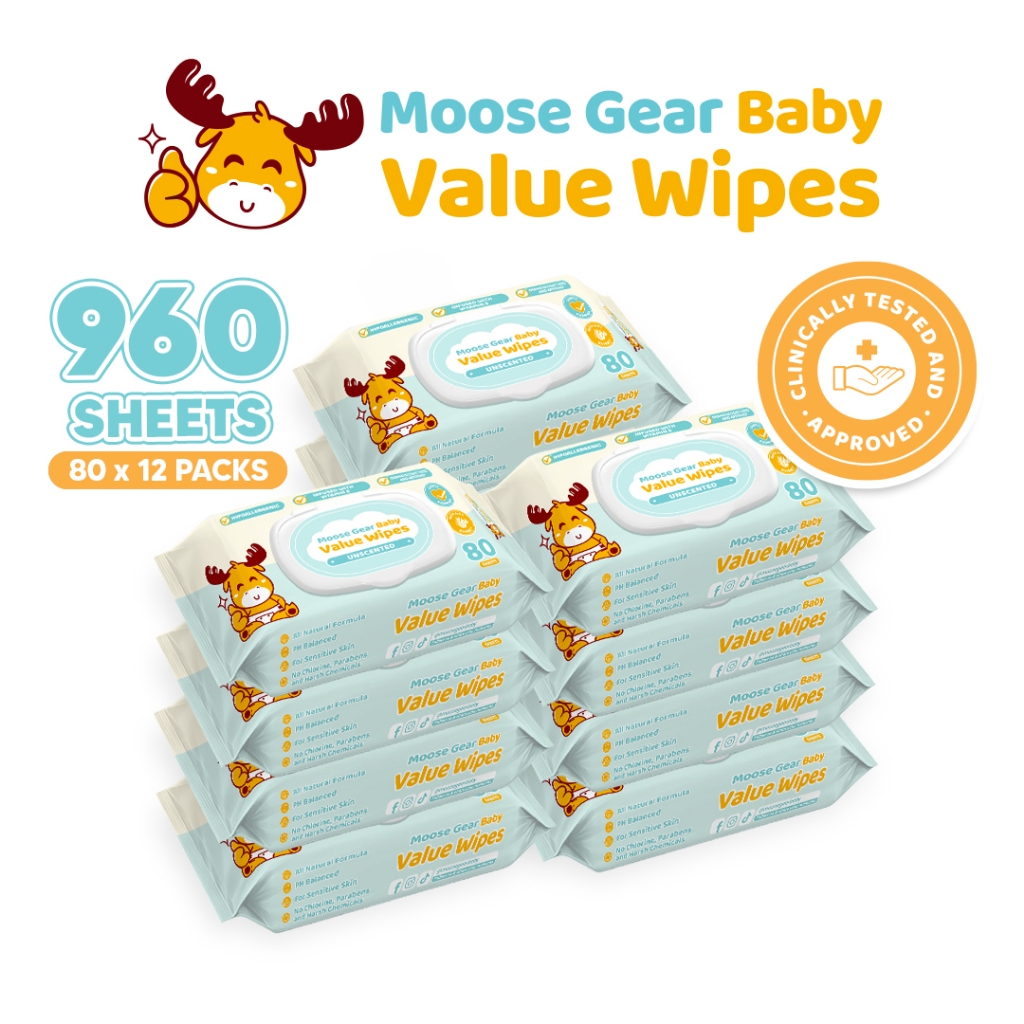 Moose Gear Baby Value Wipes Unscented 960s (12PACKS) Hypoallergenic w/ Vitamin E & Aloe Extract