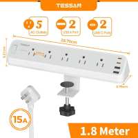 TESSAN Desk Clamp Power Strip Surge Protector Heavy Duty USB Type C 20W PD Fast Charge 1.8 Meter With Switch