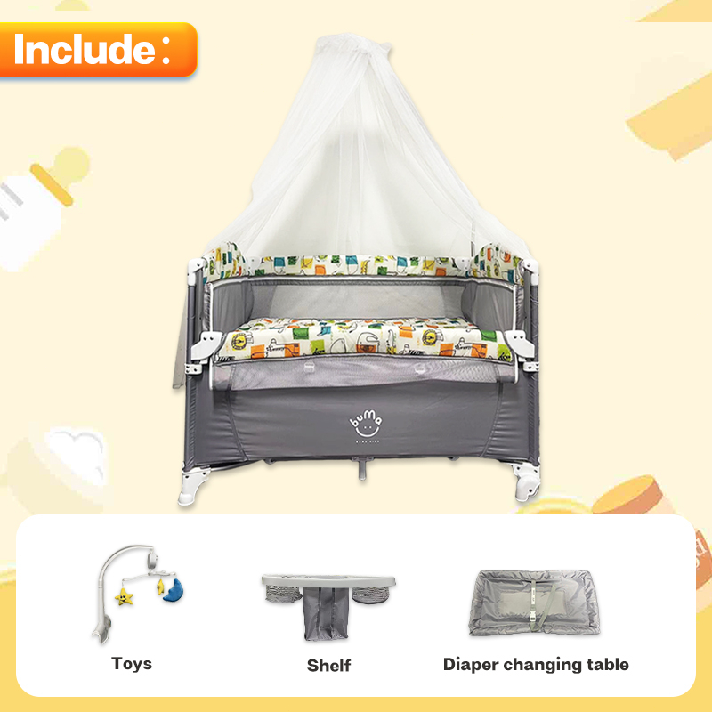 Baby Crib 2 Layer Foldable Portable Baby Playpen Travel Cot With mosquito net hanging toys storage basket Baby Bed For Toddler Co-sleeper Crib For Baby