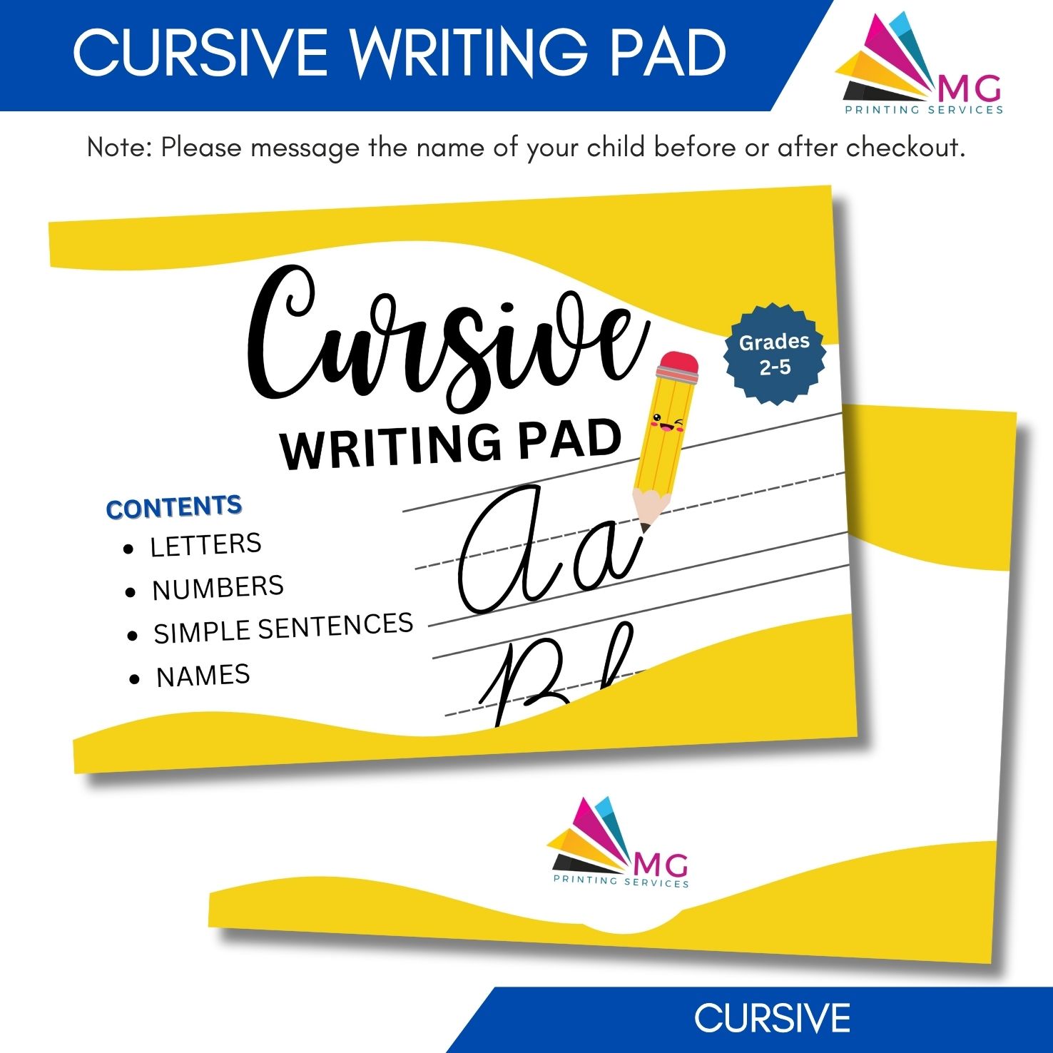 Customized Cursive Writing Pad for Grades 2 - 5 (75 Pages)