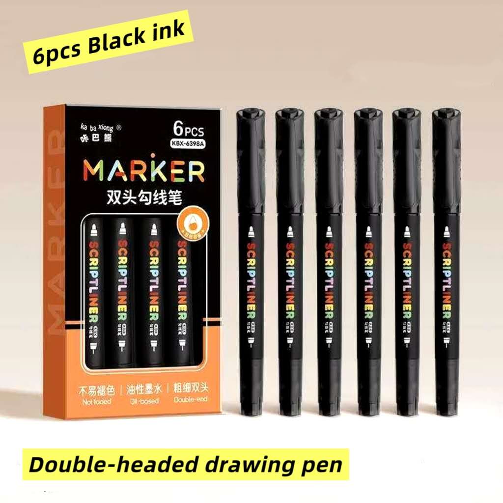 6 pcs Double-.ed Hook Line Marker Pen Quick Drying Not Fading Easily For Line Draft Stroke Outline Graffiti