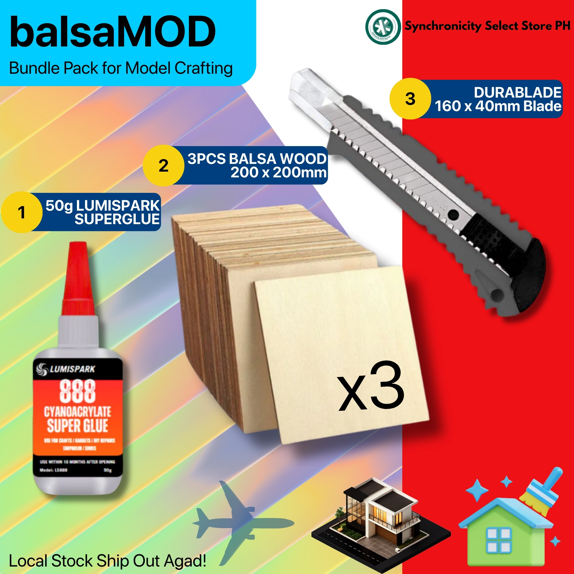 Balsa Wood 200mm x 200mm x 2mm | SS12-BW200 | For Scale Model House Ship Craft Model DIY Balsa Wood Sheets Wooden Plate LUMI SPARK