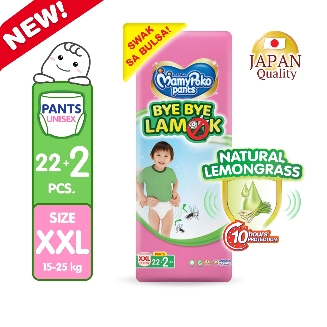 Mamypoko Bye Bye Lamok Disposable Pants Diaper - XXL (22pcs + 2 Free)