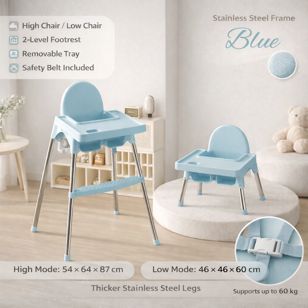 PlayPark High Chair for Baby Feeding Adjustable Height baby chair with Removable Legs Belt 4 Wheels