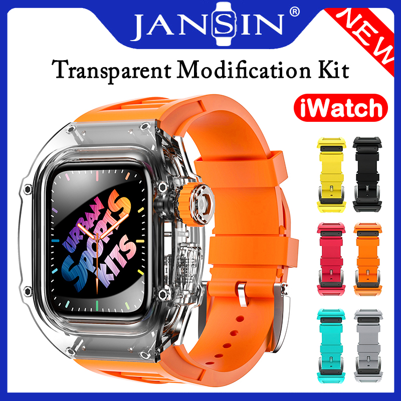 Jansin Latest Plastic Stainless Steel Case for Apple Watch Series 8 7 45MM Rubber Strap for Series apple watch serie SE 6 5 4 44MM Metal Modification Kit Case Strap ราคา 2,272 บาท*ส่งฟรี