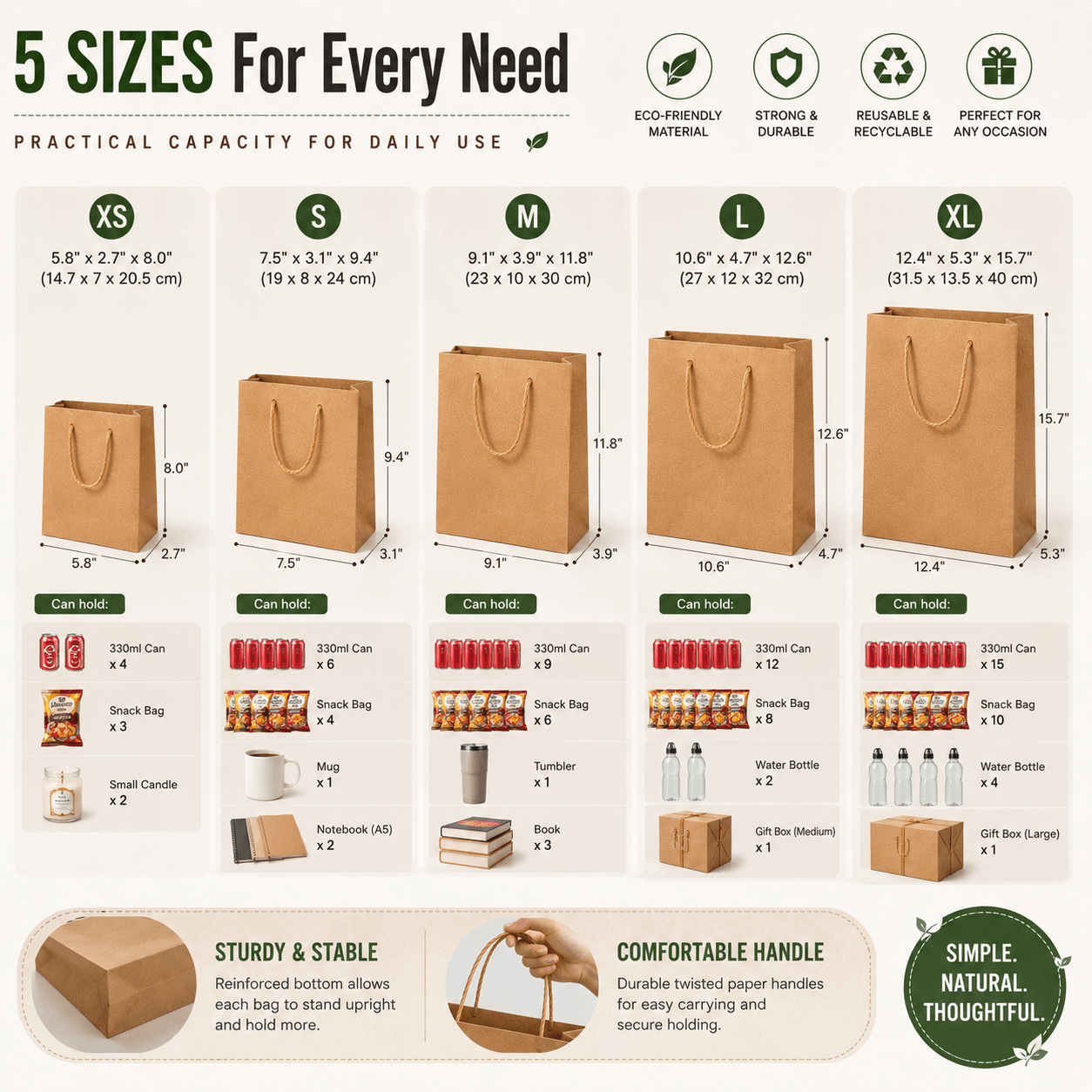 Natural Kraft Paper Bags with Handles Blank Eco-Friendly Gift Bags for Boutique Shopping Souvenir Packaging & Daily Carry Use