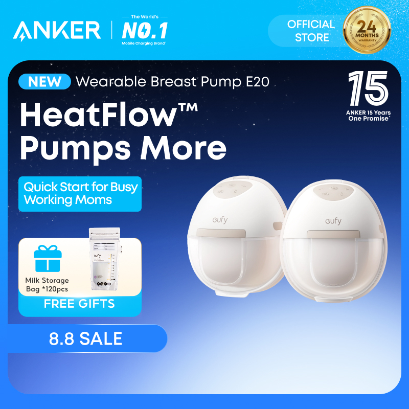 【With Free Gift】Anker eufy Wearable Breast Pump E20 Heated 3 Heat Levels Hands-Free Breast Pump with Innovative HeatFlow Optimized Rhythm via App Hospital-Grade Suction Leakproof Ultra-Slim and Quiet for in-Bra Use T6060