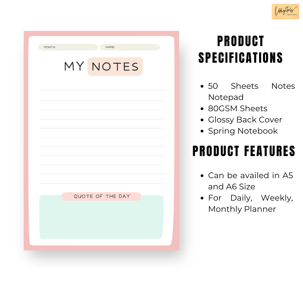 Notepad for Daily Weekly and Monthly Planner | Pastel Colored Notepad | Daily Notepad | Available in A5 or A6 | Daily Planner Notepad
