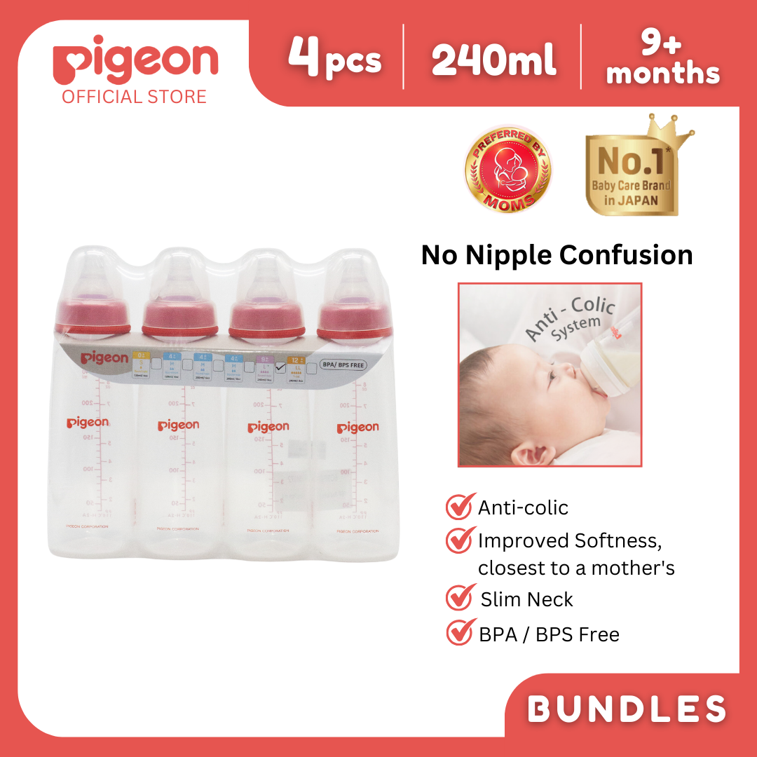 Pigeon Official - PP Slim Neck Standard Feeding Red Bottle Fast Flow 240ml 9+ Months Pack of 4 Anti Colic No Nipple Confusion BPA Free Soft Flexible Nipples Japan No. 1 Brand