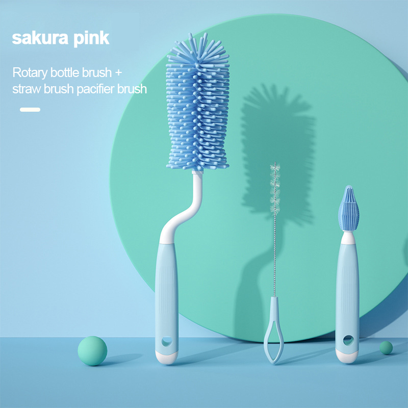 3pcs Baby Bottle Cleaner Brushes Silicone 360 Degree Rotation Long Handle Washing Nipple Cleaner