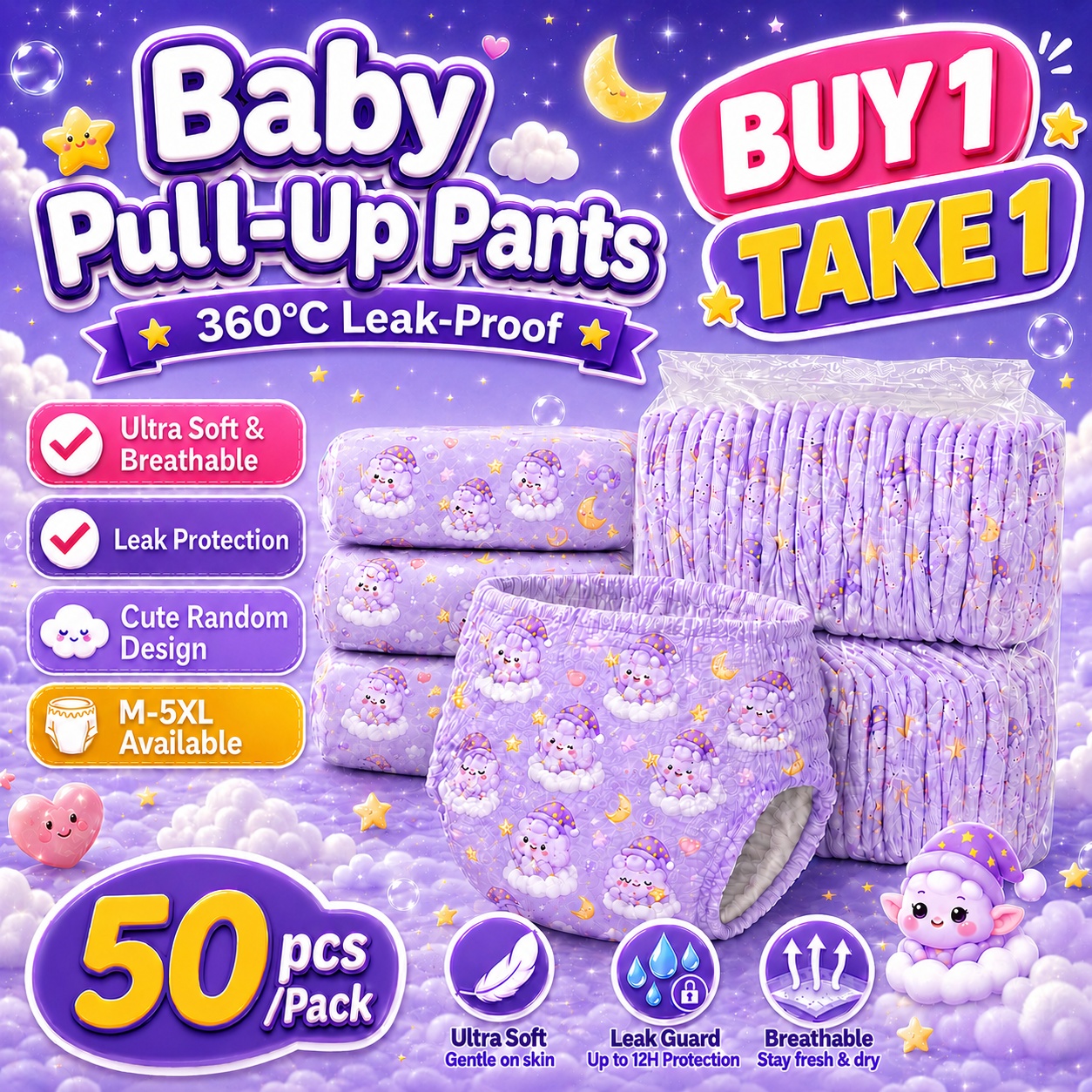 Korean Baby Diaper Pants 50pcs M-5XL High Absorbency Leak Proof Soft Pull Ups for Boys and Girls