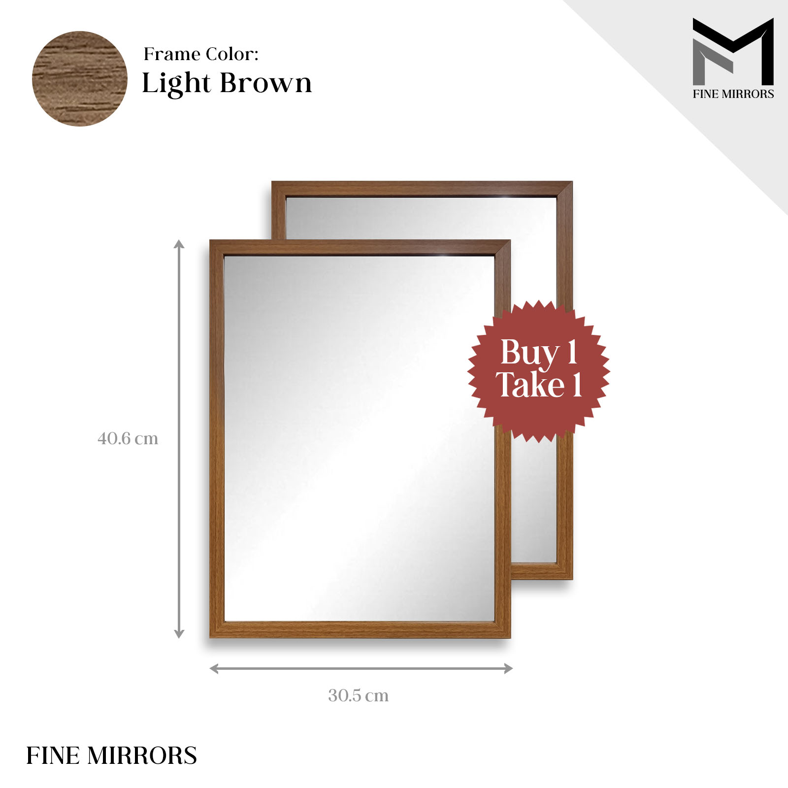 Fine Mirrors [Buy 1 Take 1] Wall Mirror 12 x 16 Light Brown