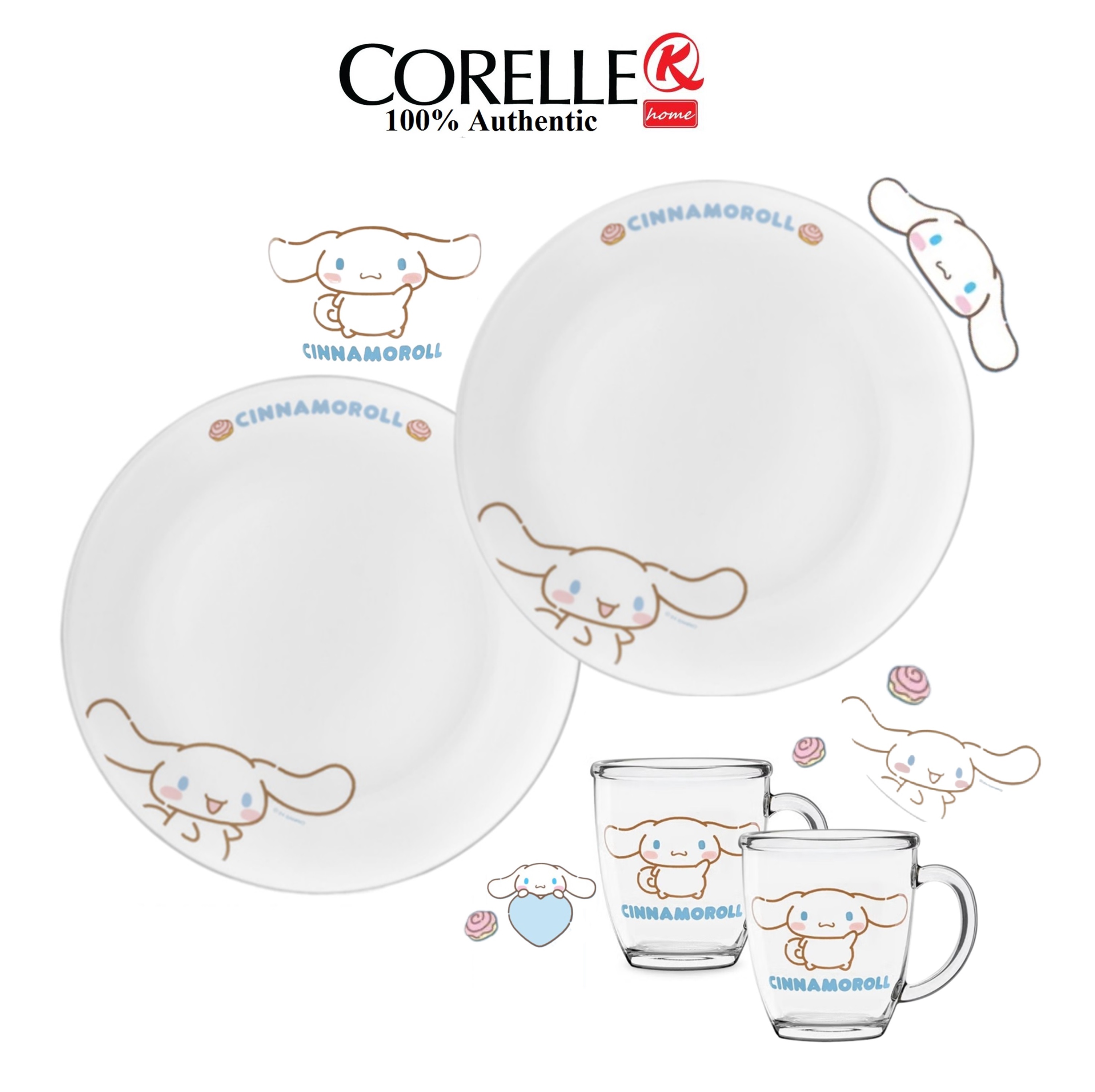 CORELLE Sanrio Characters Dinner Plate 2pcs. with Sanrio Glass Mug 380ml 2pcs.Cinnamoroll
