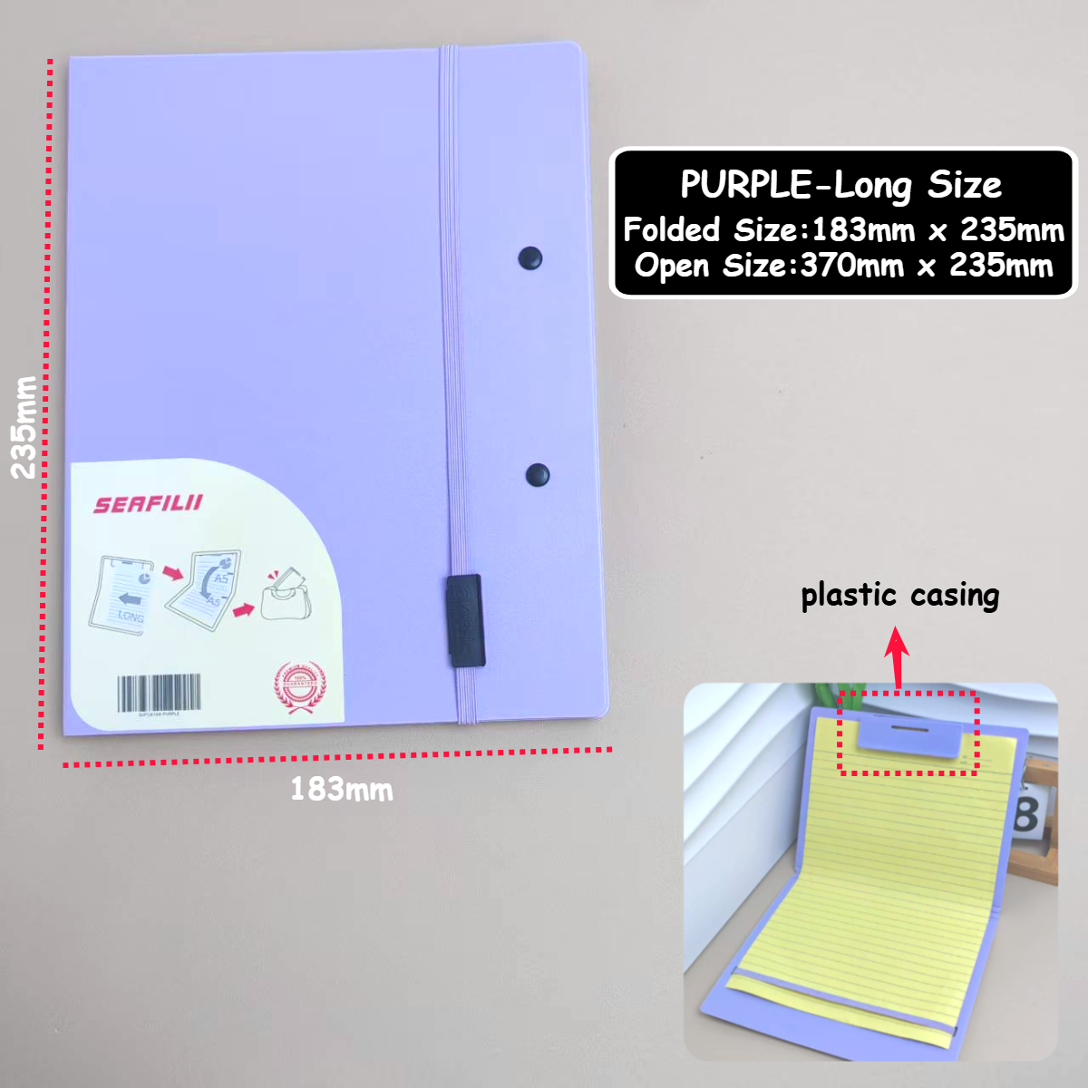 Long Foldable Clipboard Folder Folding Board Portable ClipBoard with Strap School Office Purple-Long