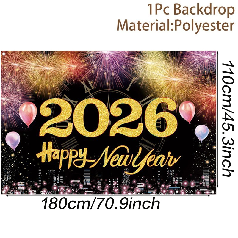 【NewYear Backdrop】180x110CM 2026 Happy New Year Banner Colorful fireworks celebration Photography New Year Party Decor【In Stock 】