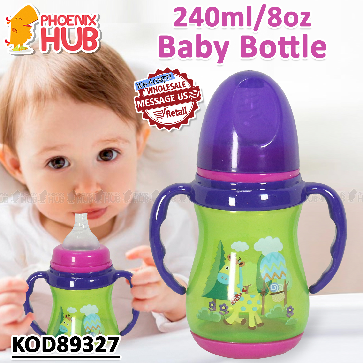 Phoenix Hub PO-811 11oz 10oz 8oz 5oz Wide Neck Feeding Bottles with Handle 420ml 330ml 300ml 240ml 150ml Random Design