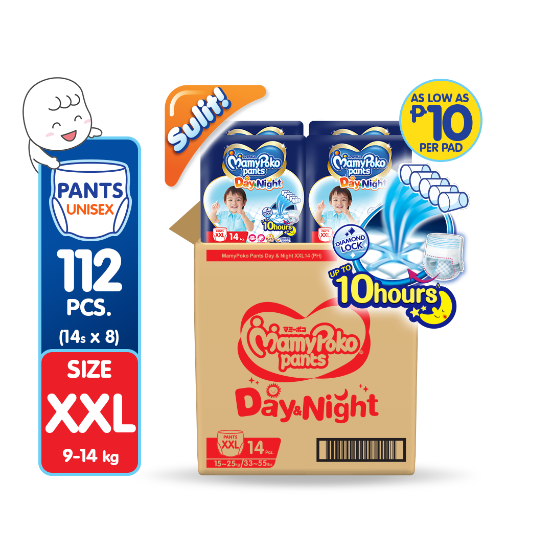 MAMYPOKO Day and Night Baby Disposable Diaper Pants Unisex XXL 14 pcs x 8 packs (112 pcs)